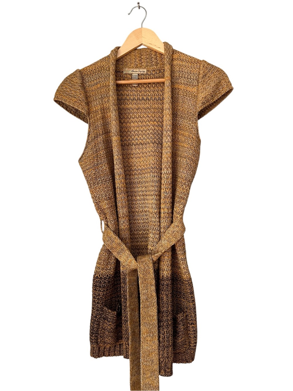 American Rag Cie Vintage Brown Mustard Marled Knit Belted Long Cardigan Vest, M